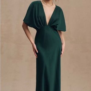 BHLDN Leila Deep-V Flutter-Sleeve Satin A-Line Gown